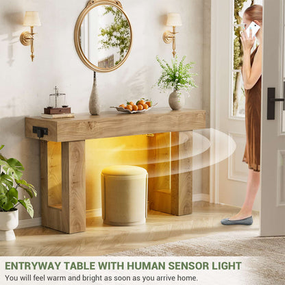 47" Console Table with Socket & Sensor Light, Narrow Entryway Table with Storage for Hallway/Living Room, Farmhouse Style