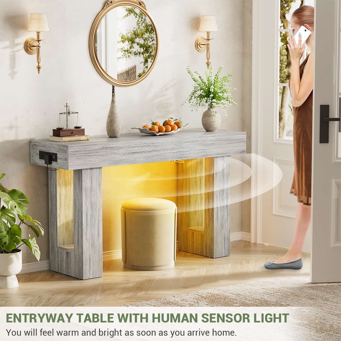 47" Console Table with Socket & Sensor Light, Narrow Entryway Table with Storage for Hallway/Living Room, Farmhouse Style