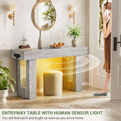 47" Console Table with Socket & Sensor Light, Narrow Entryway Table with Storage for Hallway/Living Room, Farmhouse Style