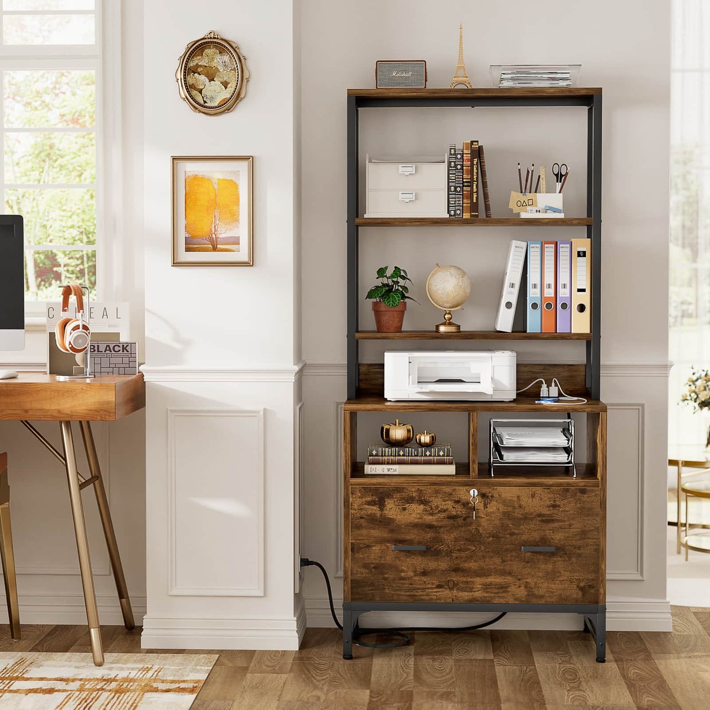File Cabinet with Charging Station, Vertical Filing Cabinet with Lock & Large Drawer