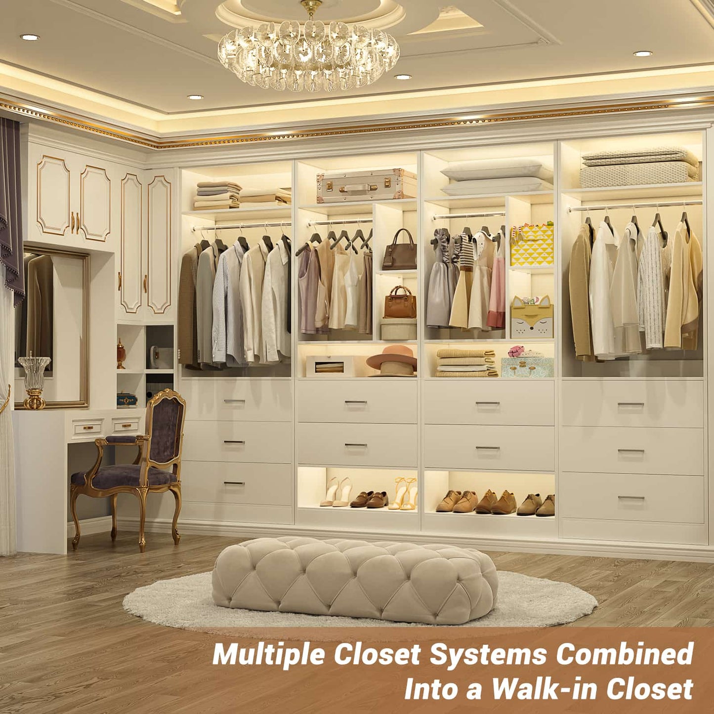 63.2" L X 39.2" W X 80" H Corner Closet System,Freestanding Closet Organizer System With 2 Drawers & 12 Shelves