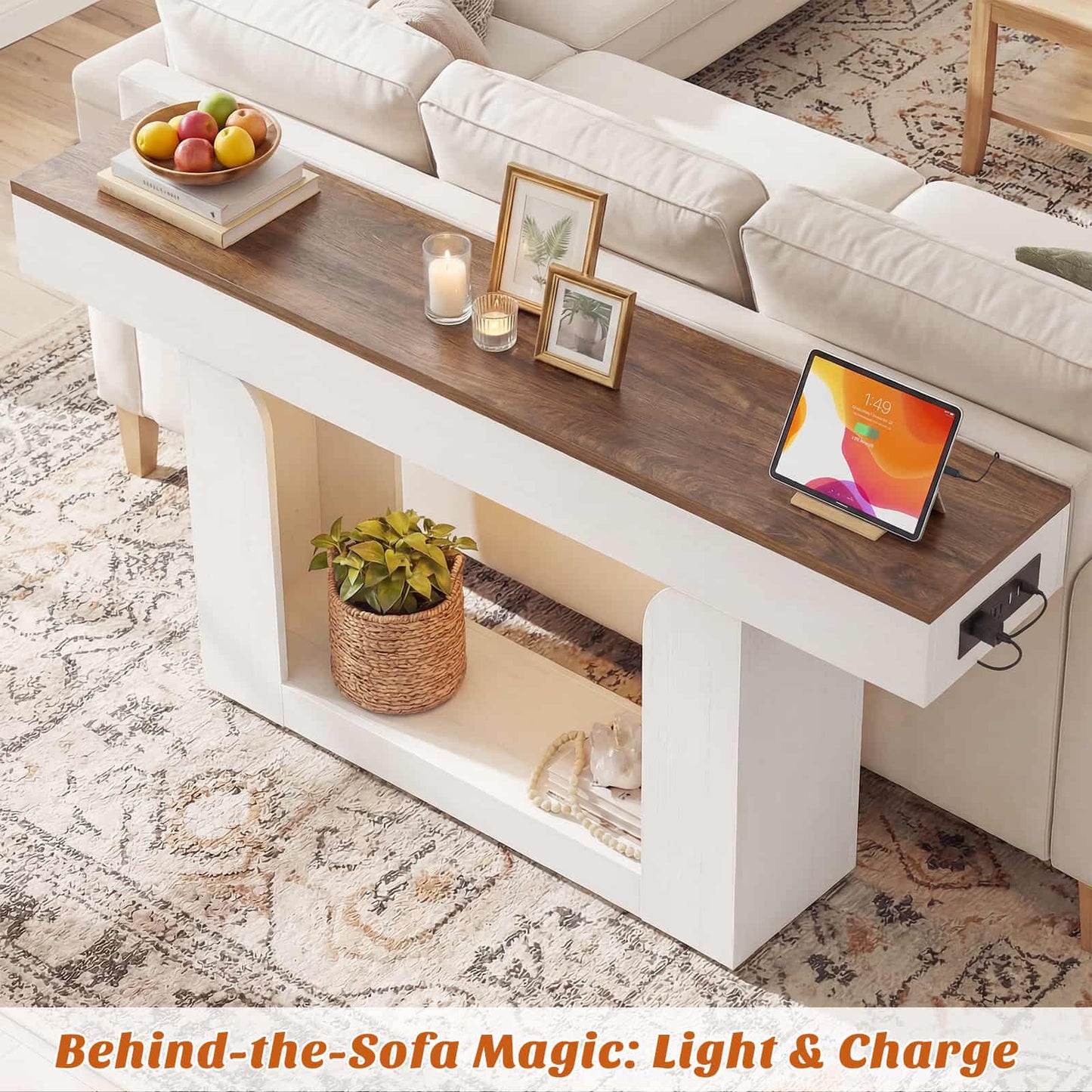 63" Farmhouse Console Table -LED Lights & Charging Station, Narrow Sofa Table for Entryway, Living Room, Foyer, Hallway, Behind Couch