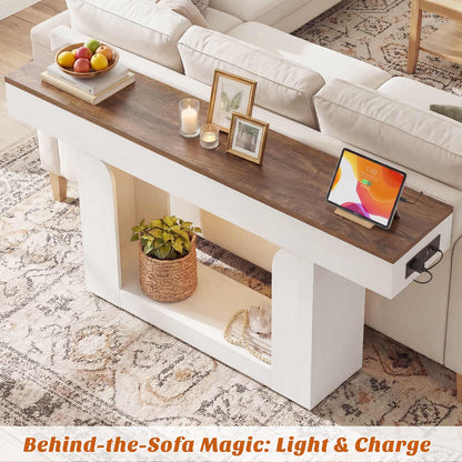 63" Farmhouse Console Table -LED Lights & Charging Station, Narrow Sofa Table for Entryway, Living Room, Foyer, Hallway, Behind Couch