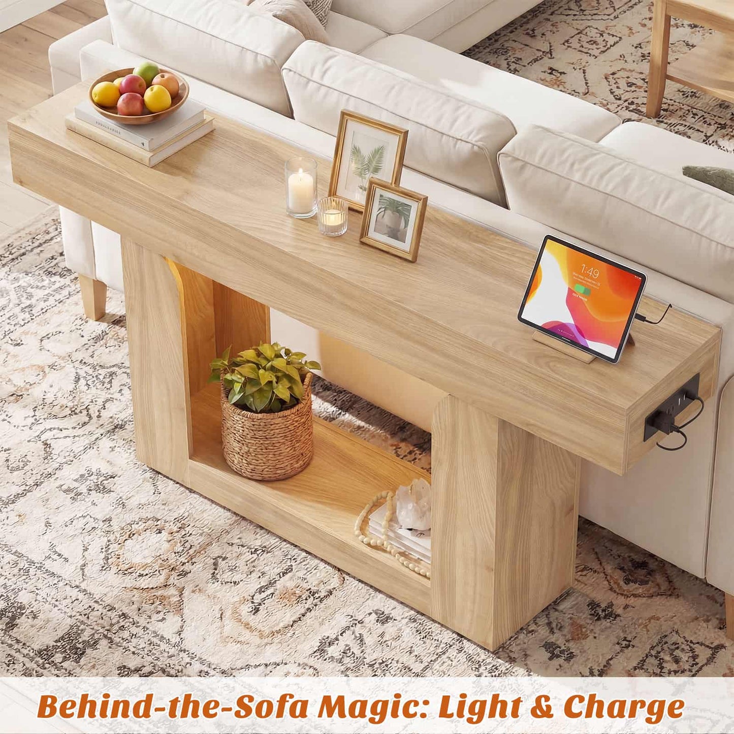 63" Farmhouse Console Table -LED Lights & Charging Station, Narrow Sofa Table for Entryway, Living Room, Foyer, Hallway, Behind Couch