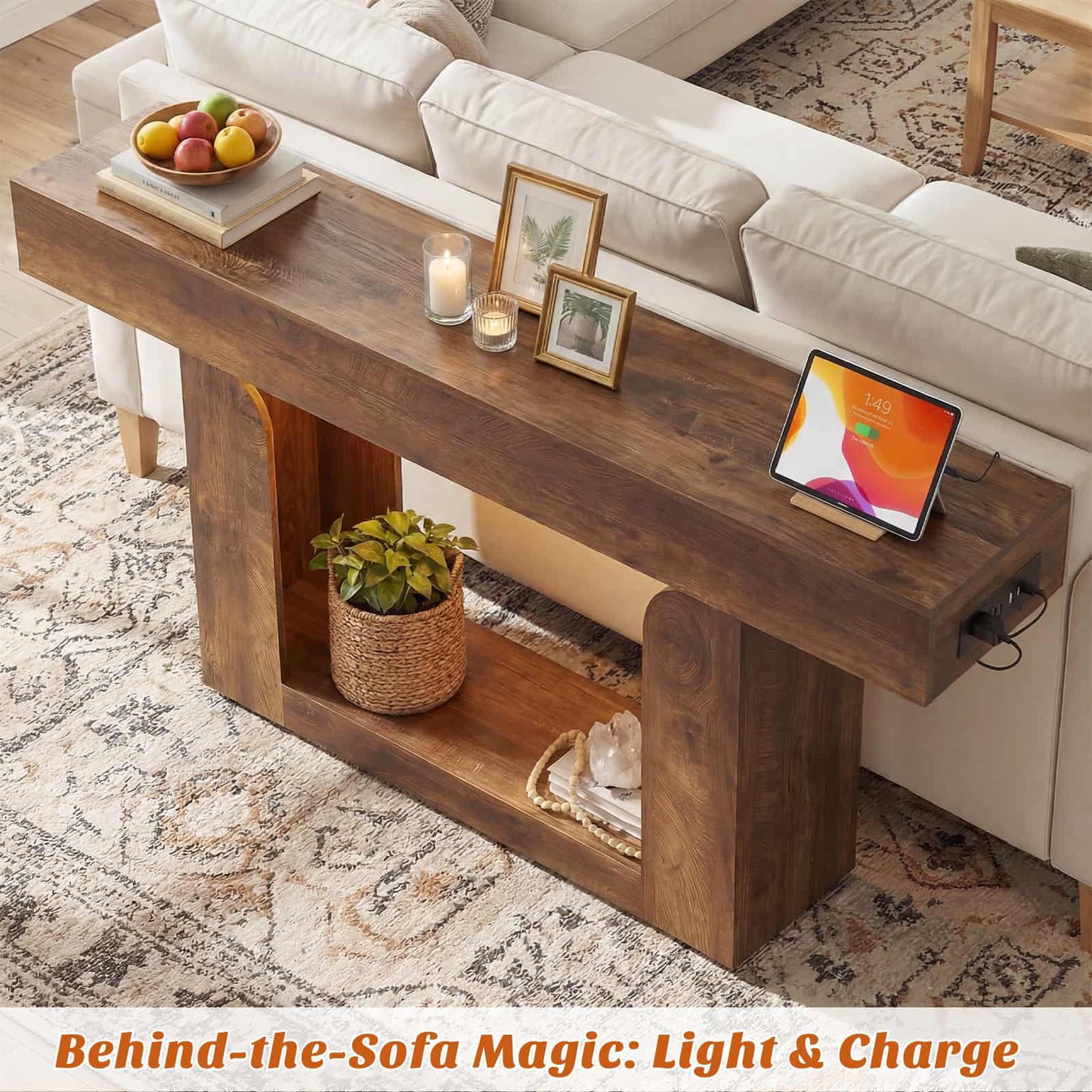 63" Farmhouse Console Table -LED Lights & Charging Station, Narrow Sofa Table for Entryway, Living Room, Foyer, Hallway, Behind Couch