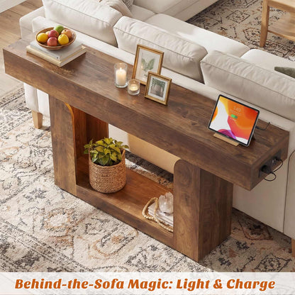 63" Farmhouse Console Table -LED Lights & Charging Station, Narrow Sofa Table for Entryway, Living Room, Foyer, Hallway, Behind Couch