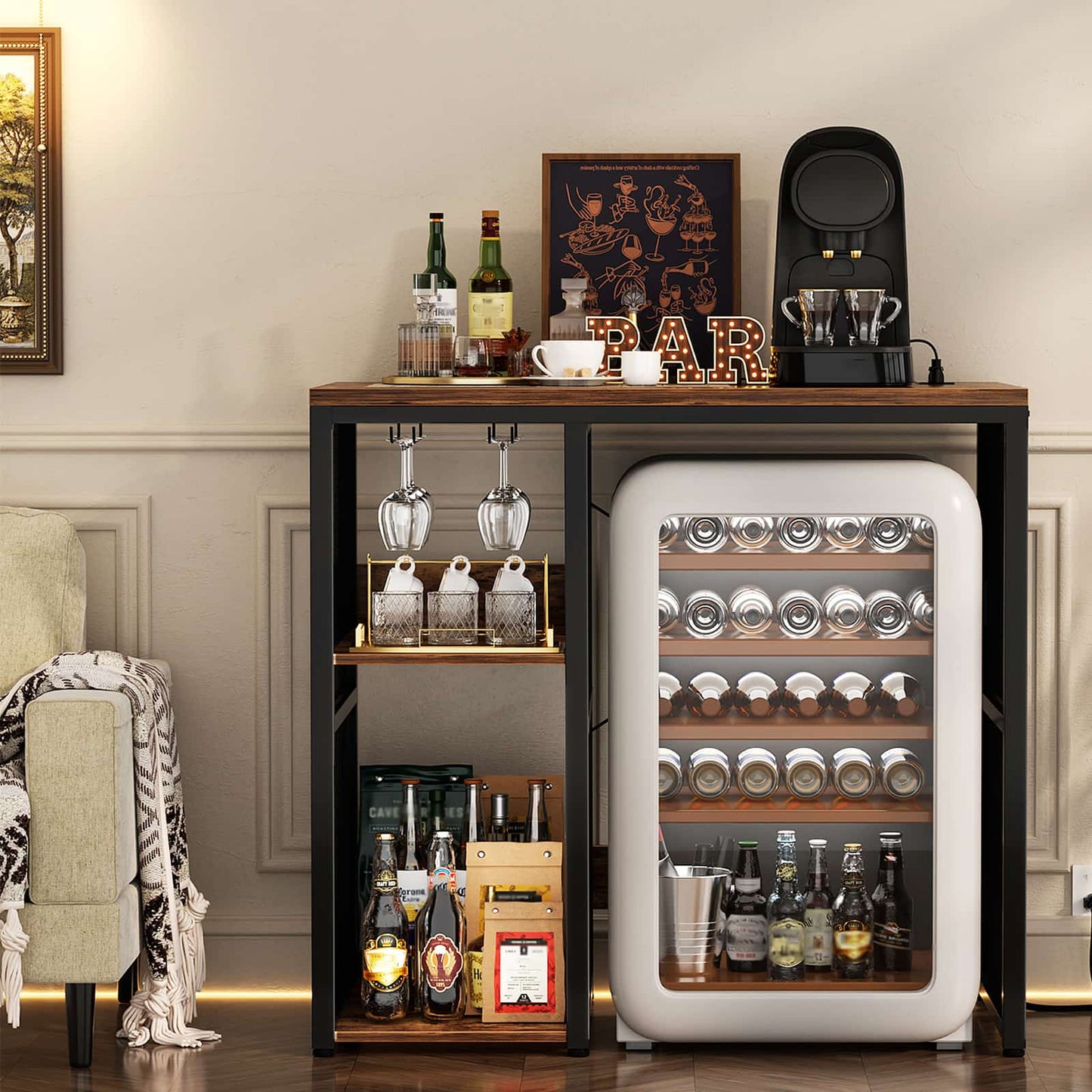 Mini Fridge Cabinet with Power Outlet, Coffee Bar Cabinet with Mini Fridge Space