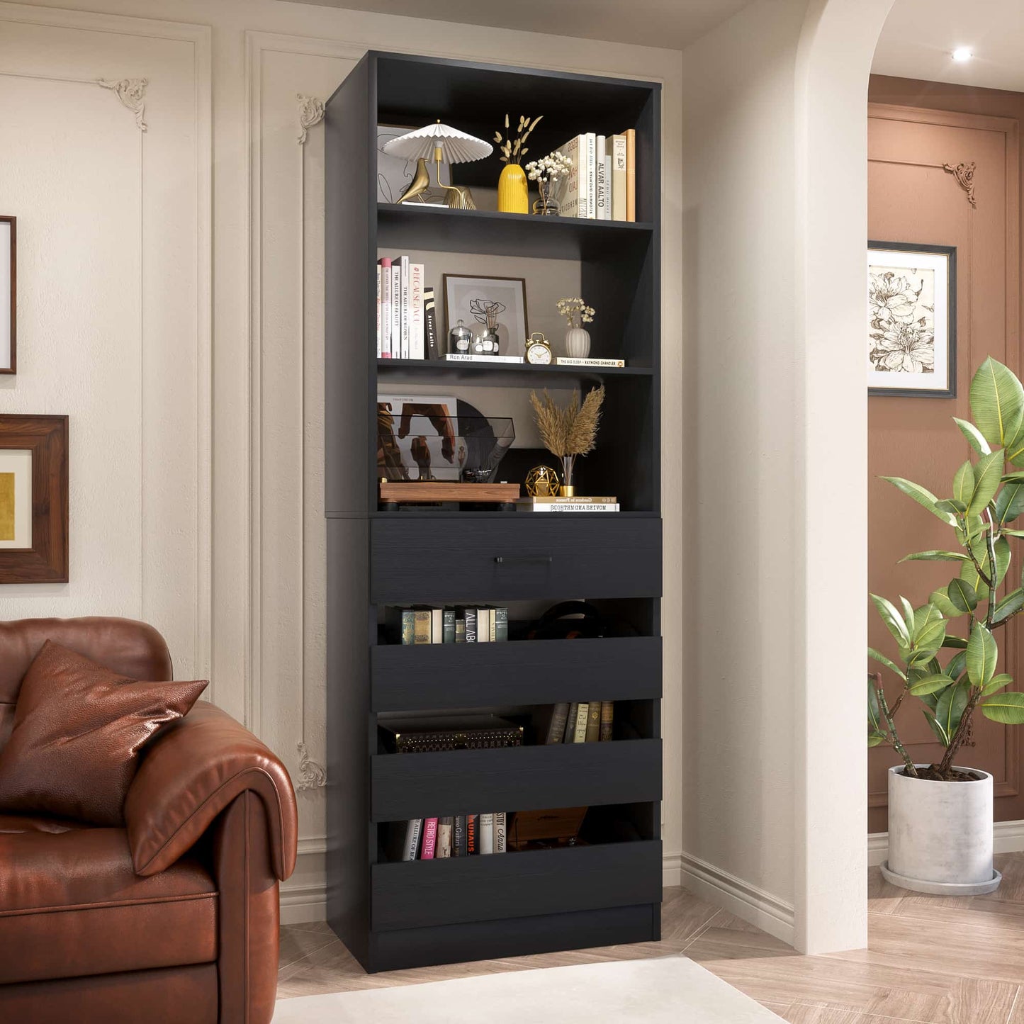 Space-Saving Modular Closet Organizer System with 4 Drawers & Adjustable Shelves - Wood Storage Cabinet
