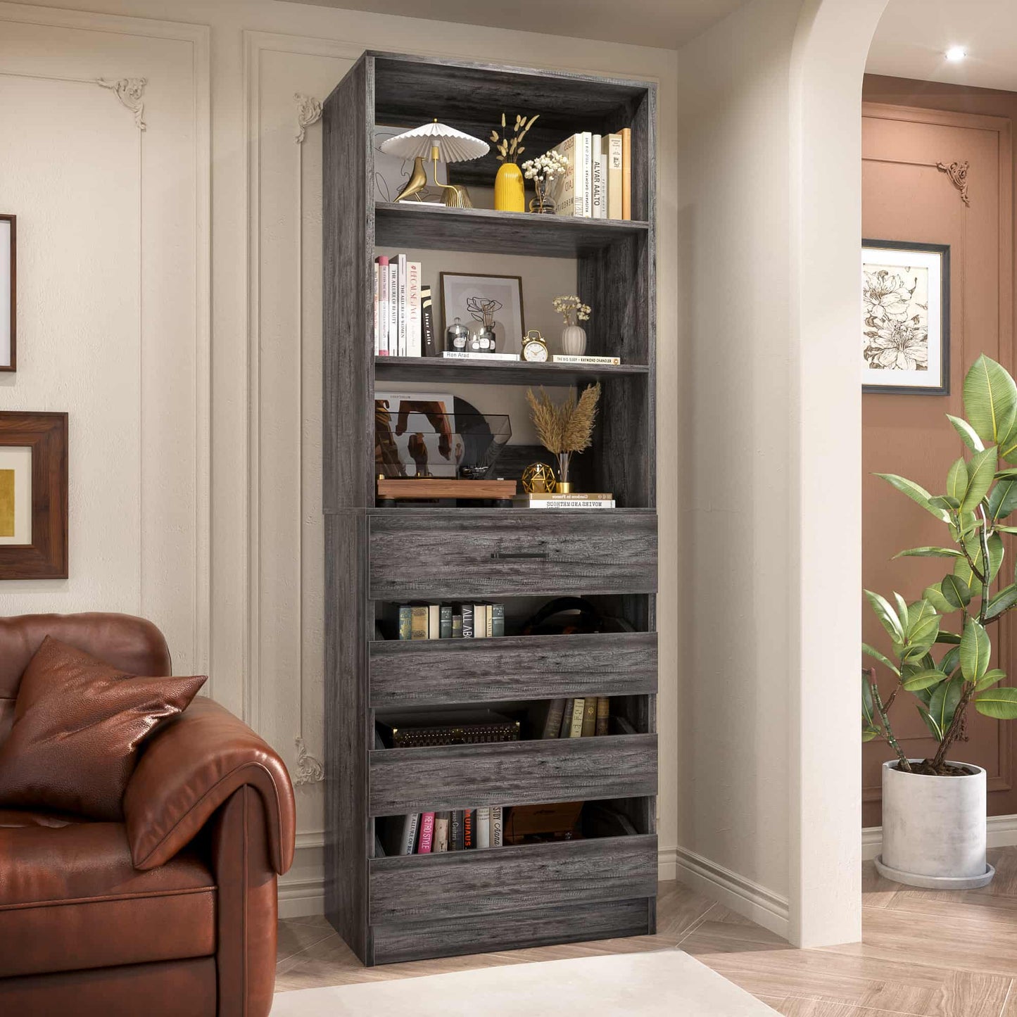 Space-Saving Modular Closet Organizer System with 4 Drawers & Adjustable Shelves - Wood Storage Cabinet