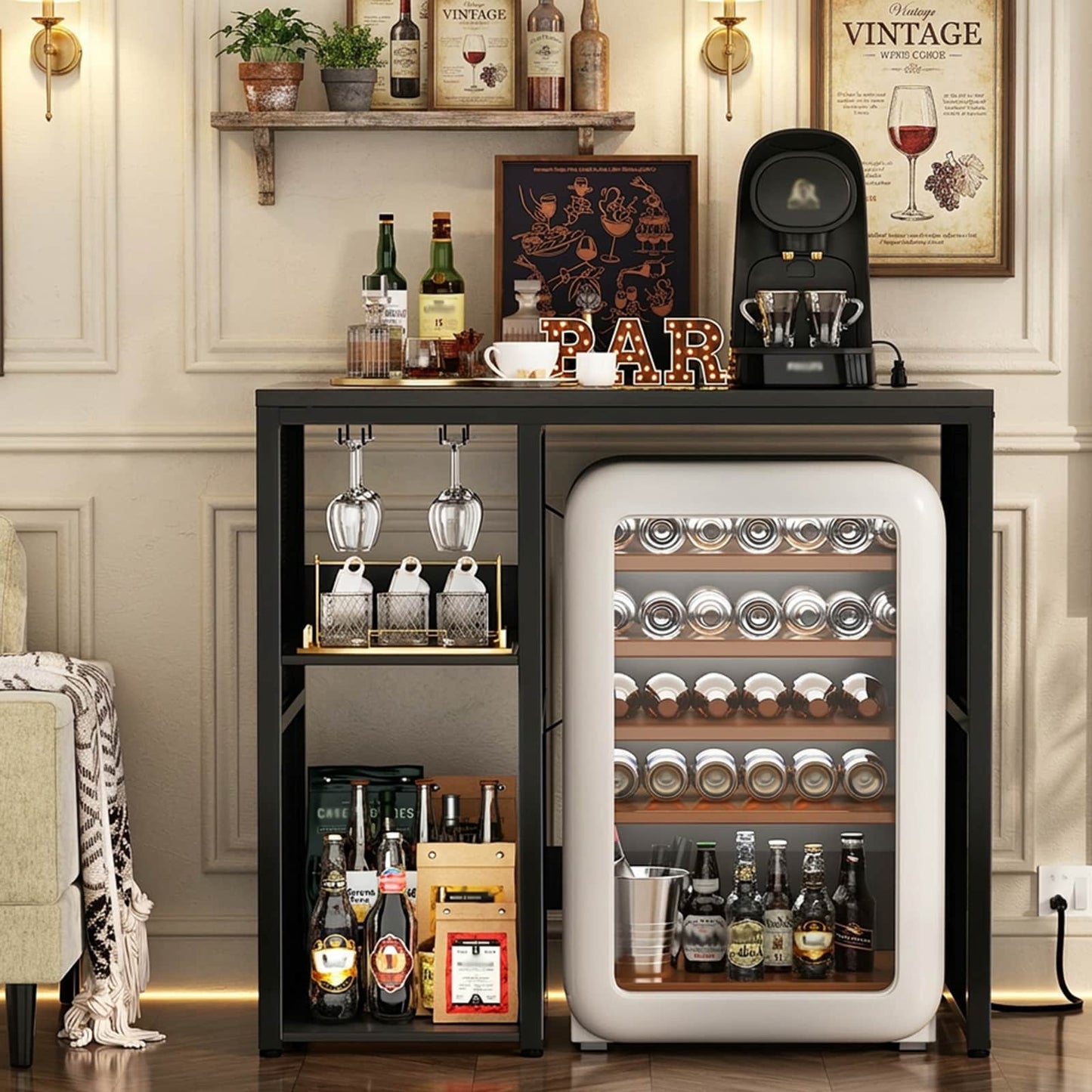 Mini Fridge Cabinet with Power Outlet, Coffee Bar Cabinet with Mini Fridge Space