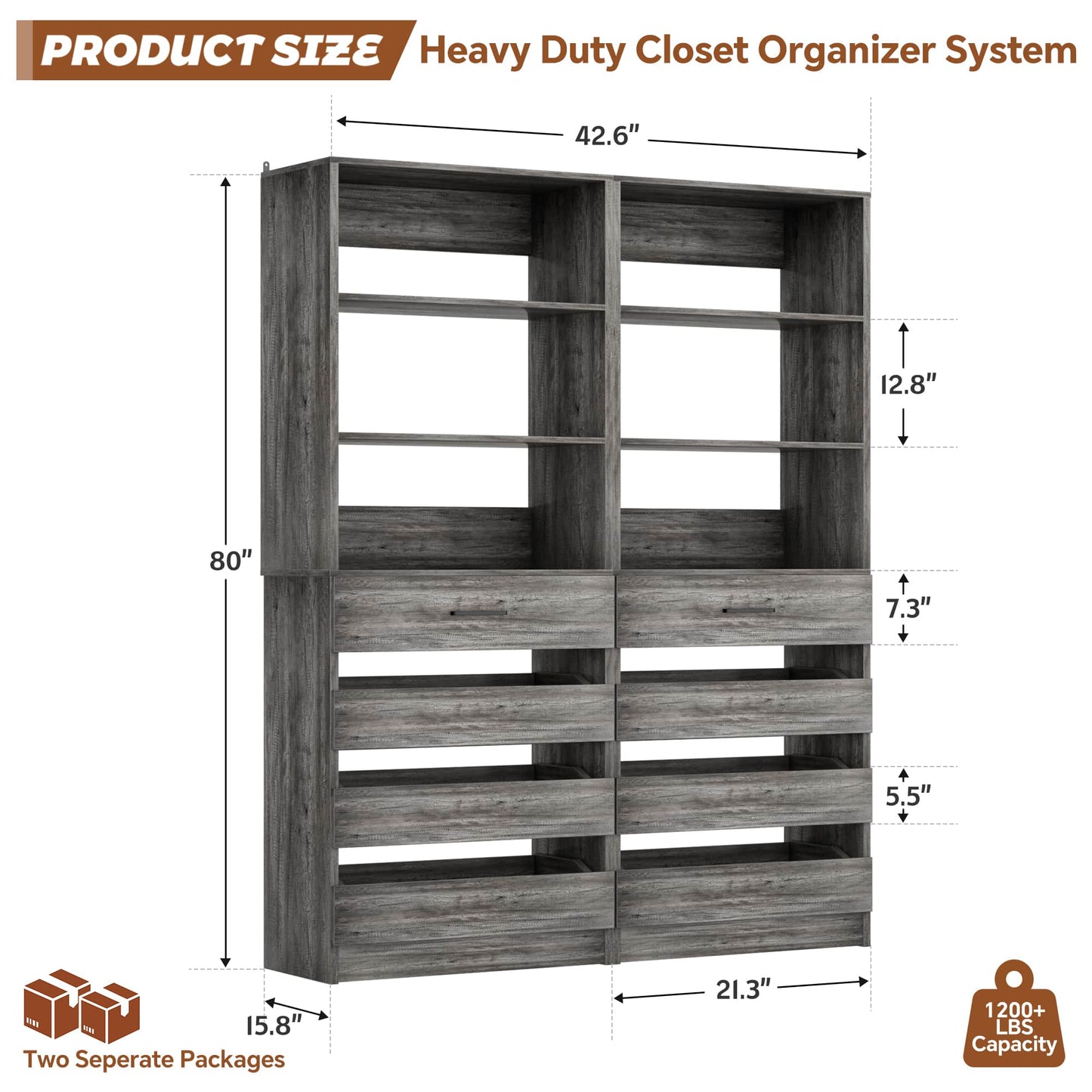 2-Pack Space-Saving Modular Armoire Wardrobe Closet System with 8 Drawers & Adjustable Shelves