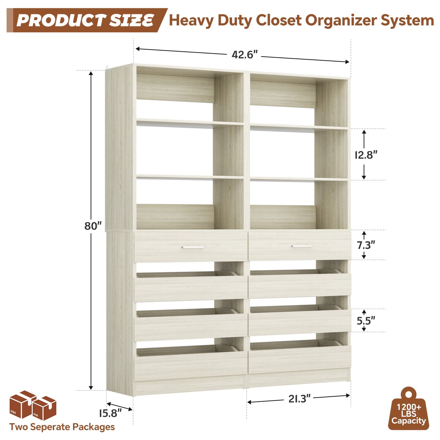 2-Pack Space-Saving Modular Armoire Wardrobe Closet System with 8 Drawers & Adjustable Shelves