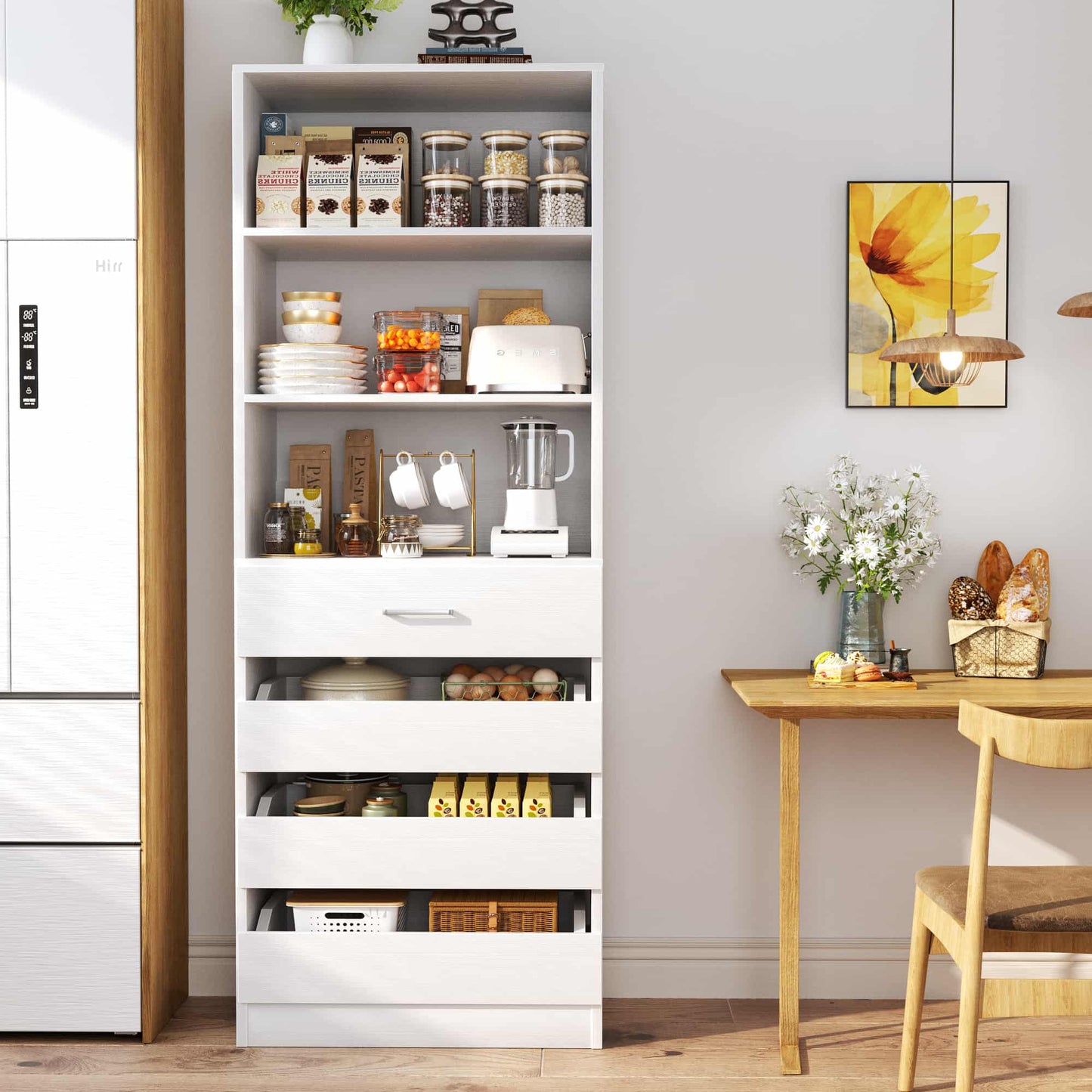 Space-Saving Modular Closet Organizer System with 4 Drawers & Adjustable Shelves - Wood Storage Cabinet