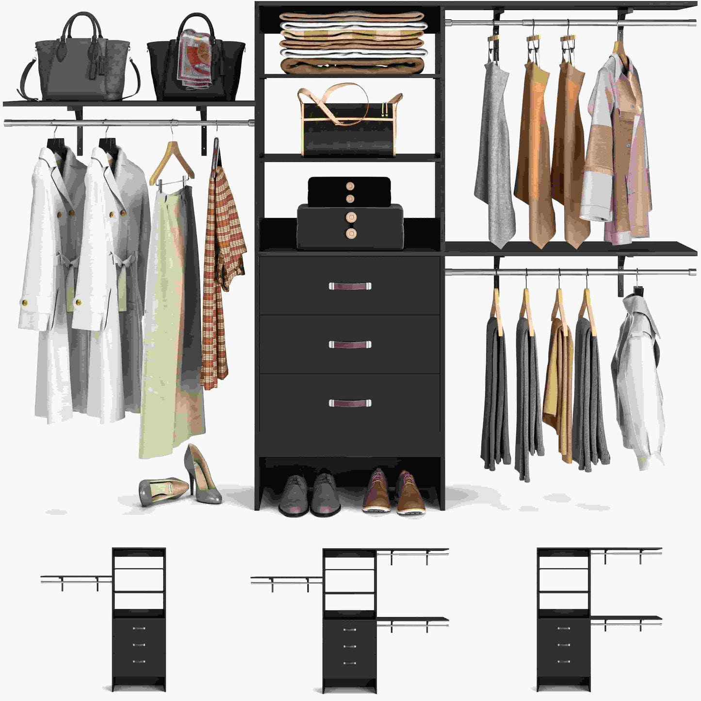 96‘’ W Closet System, Walk In Closet Organizer with 3 Shelving Towers