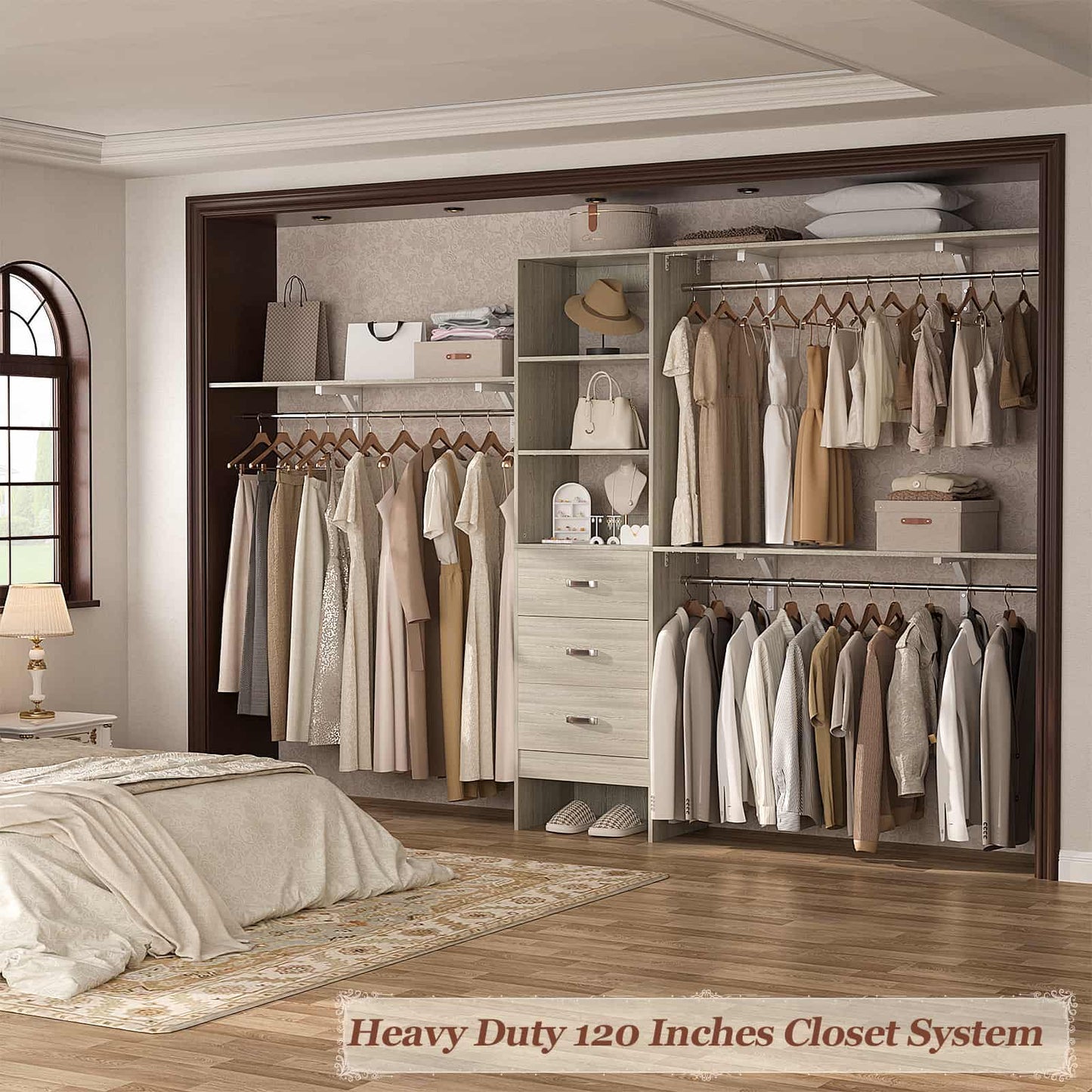 120'' W Closet System with Drawers, Closet Organizer with 3 Shelving Towers