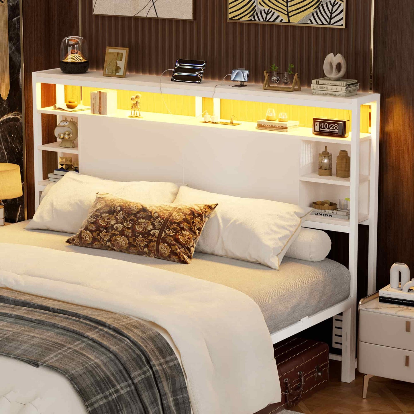 Queen Headboard with Storage, Headboards with Power Outlets and Smart LED Light, Sturdy Head Board for Queen Size Bed