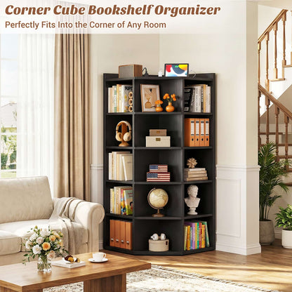 6-Tier Corner Cabinet with Power Outlets & 15 Cubes - Wooden L-Shaped Bookshelf, Toy Storage for Home Office, Bedroom, Living Room