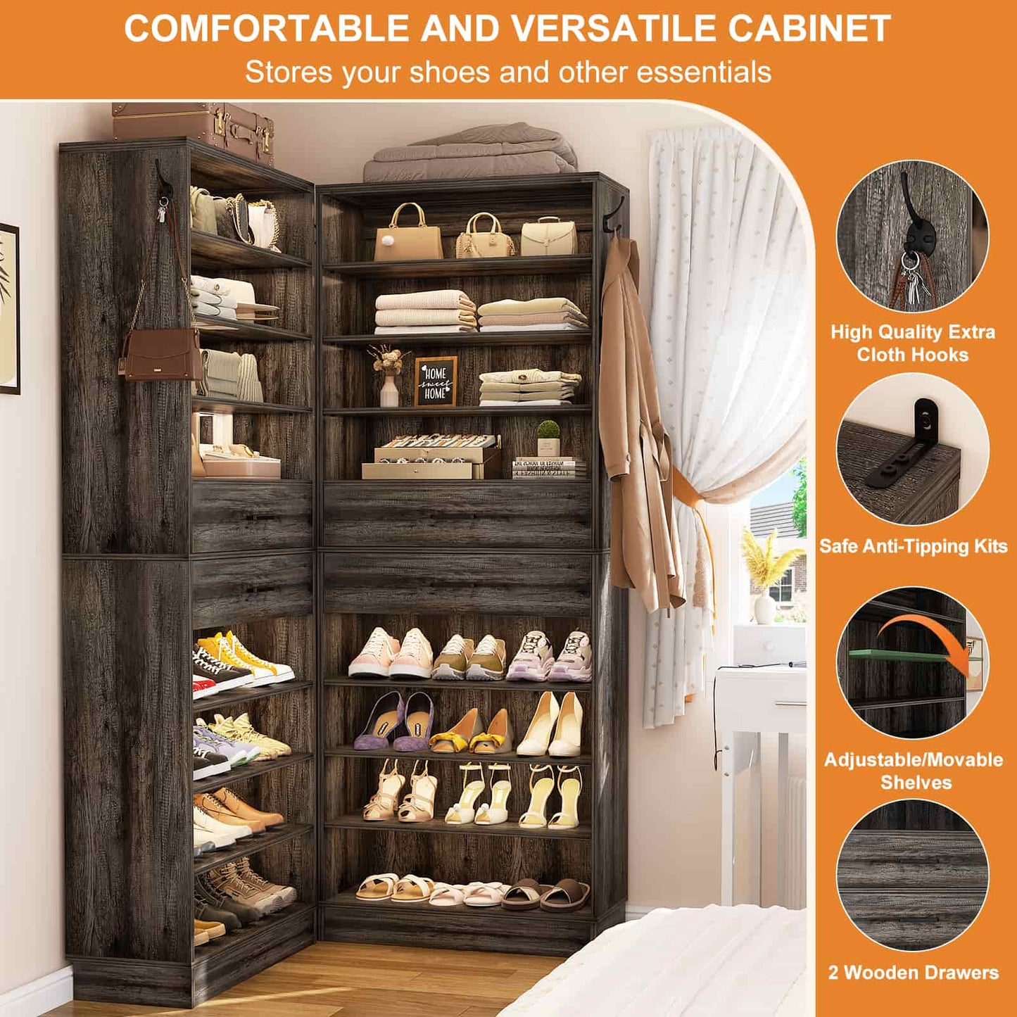 2-Pack 10-Tier Shoe Cabinet Set with 4 Drawers, 65cm Width Freestanding Organizer