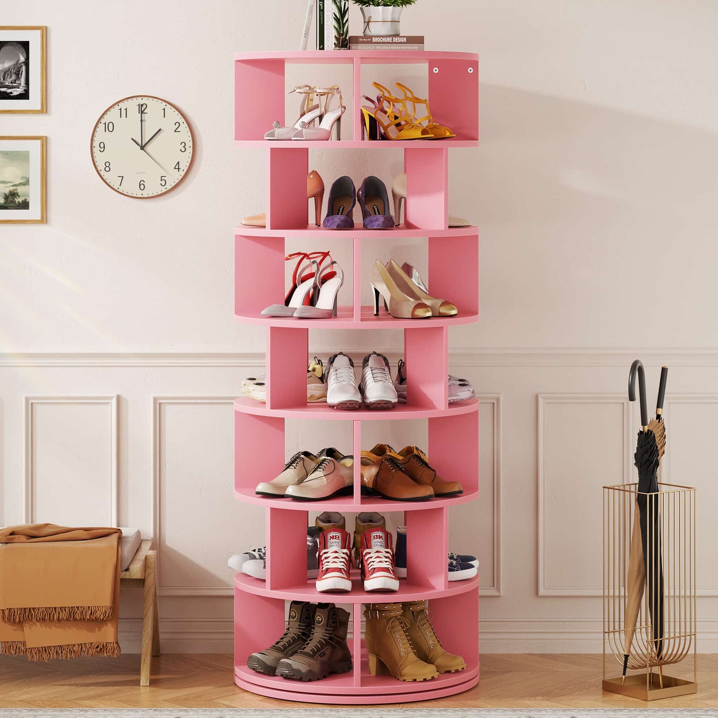 7-Tier Spinning Shoe Rack Tower, 360 Revolving wooden Shoe Rack, 60'' for shoes ,bags, Display Lazy Susan ,Storage Carousel