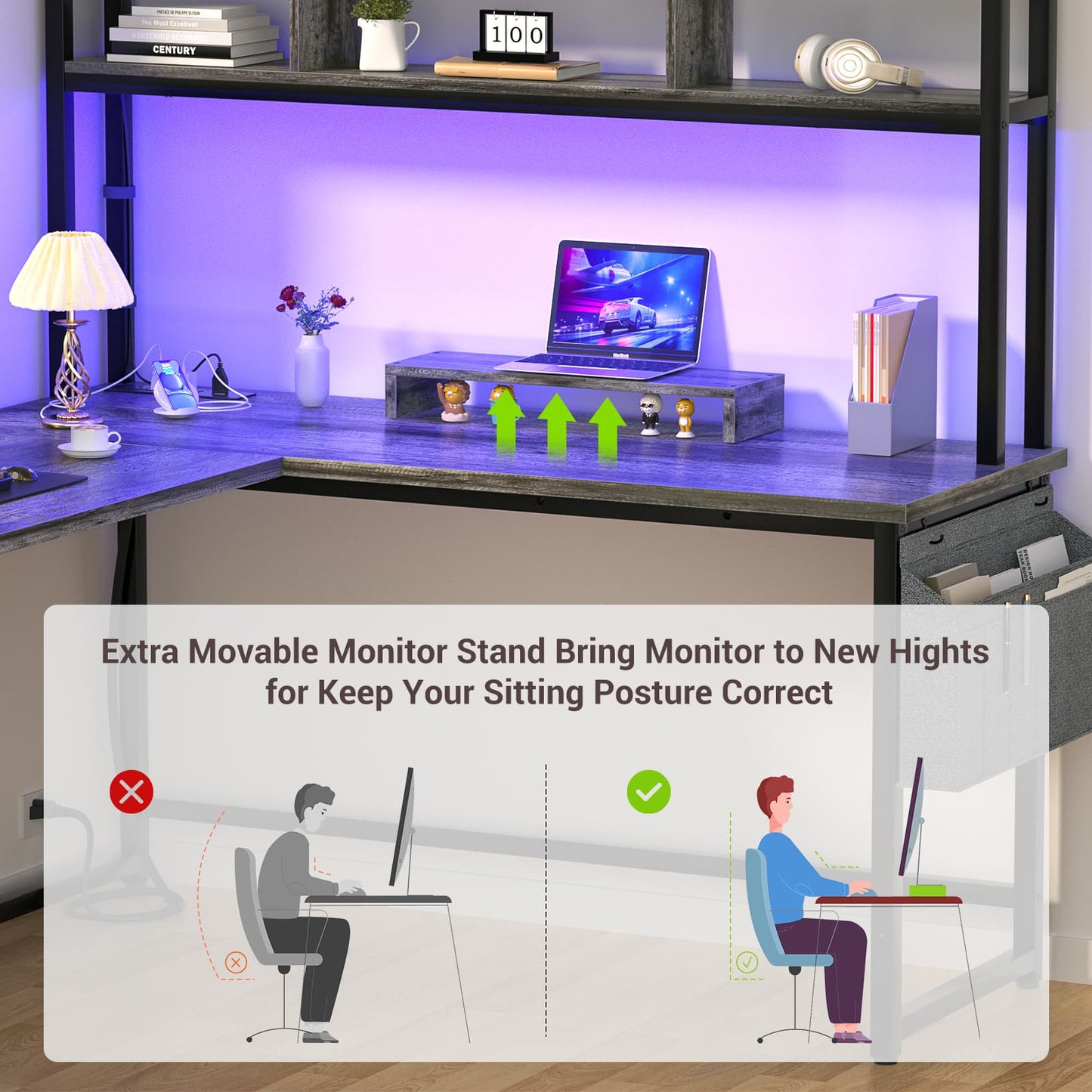 L Shaped Desk with Power Outlet, LED Strip, Storage Shelf