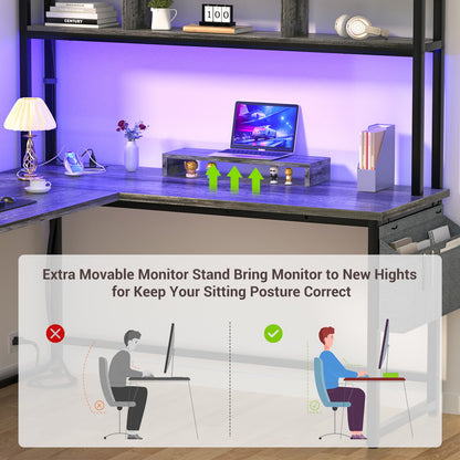 L Shaped Desk with Power Outlet, LED Strip, Storage Shelf