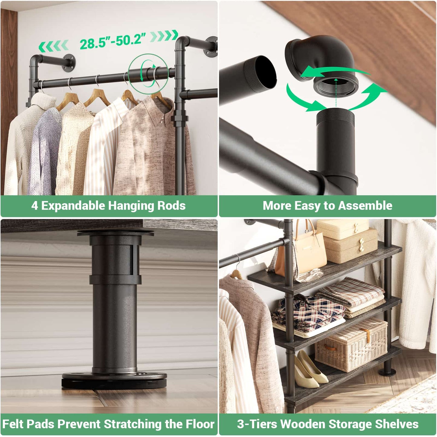 84"-128" Adjustable Metal Pipe Clothing Rack Wall-Mounted,Industrial Garment Rack with 3-Tier Wooden Shelves,Heavy-Duty 1000LBS Capacity