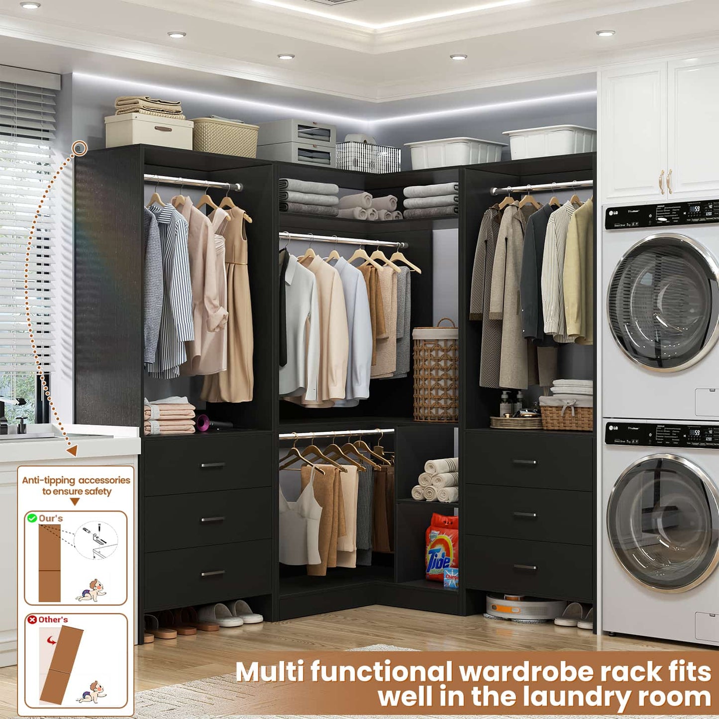 81'' Closet System with 6 Drawers, 4 Hanging Rods & Corner Tower