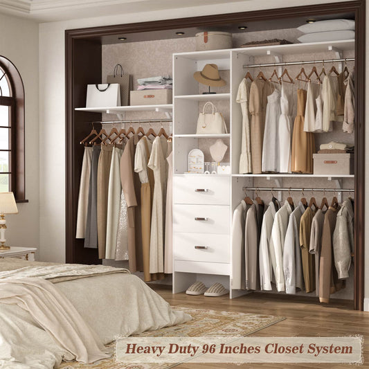 96‘’ W Closet System, Walk In Closet Organizer with 3 Shelving Towers