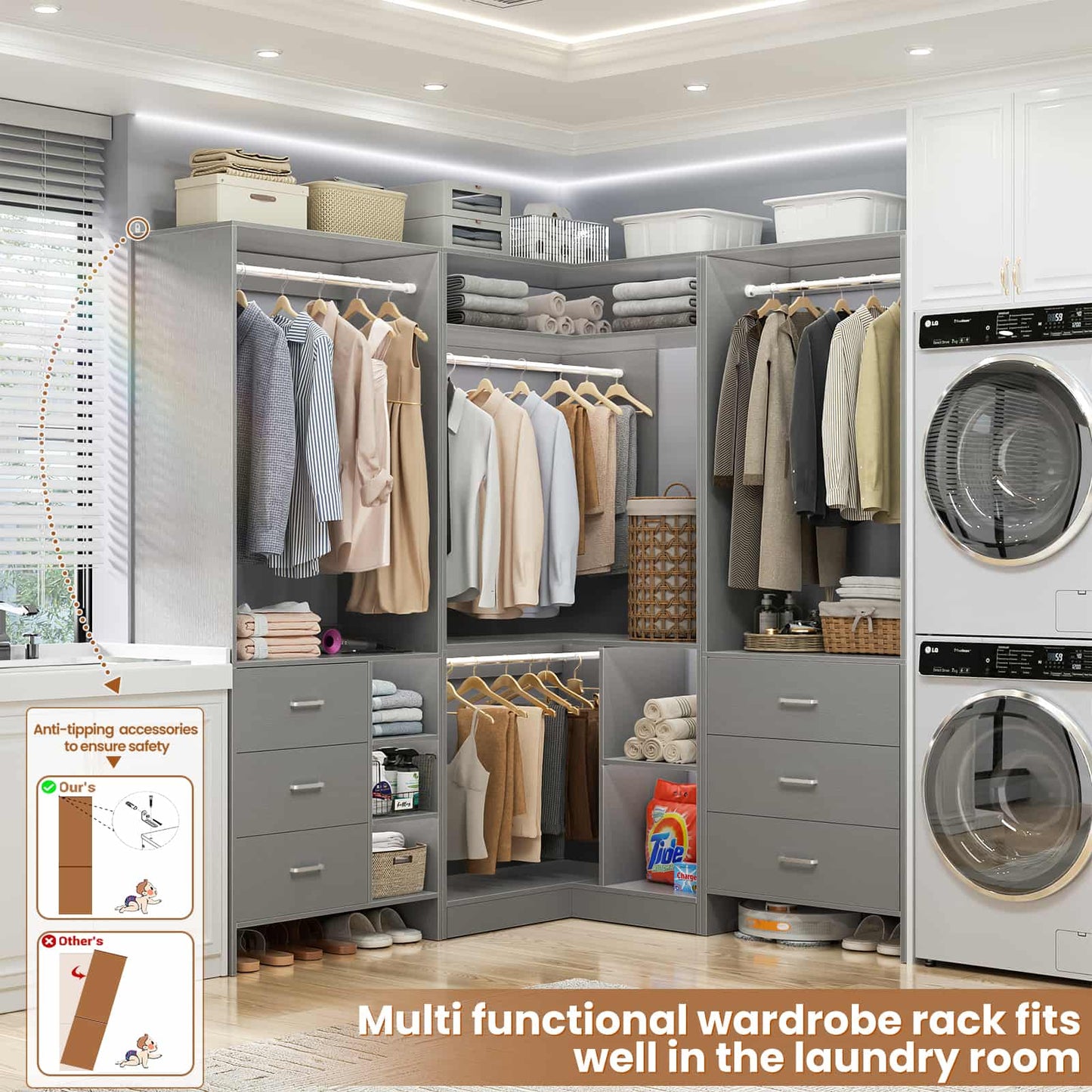 Closet System with 6 Drawers, 4 Hanging Rods & Corner Tower