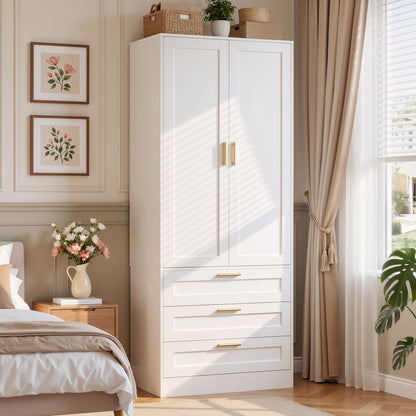 71" Tall Armoire Wardrobe Closet - 3 Drawers, Doors & Hanging Rod, Extra Deep 20" Bedroom Storage with Soft-Close Hinges