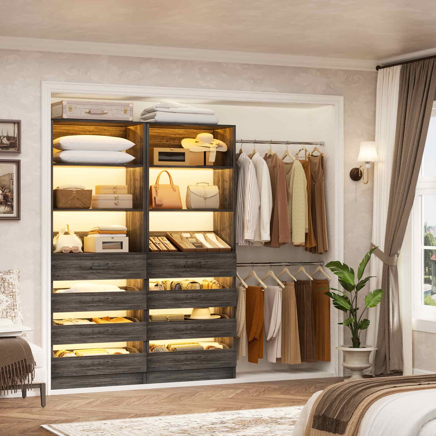 2-Pack Closet Organizer System: Dual 4-9Ft Adjustable Wardrobe Racks with 8 Wooden Drawers, Double Tower Storage, 8 Hanging Rods & Garment Racks ﻿