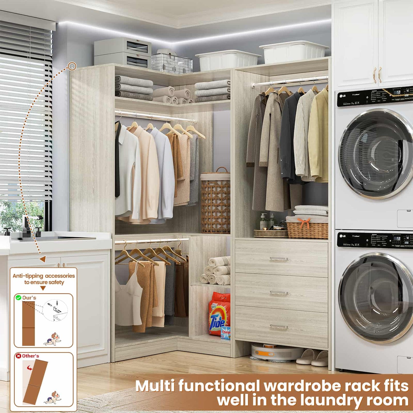 Closet System with 3 Drawers, 2 Hanging Rods & Corner Tower