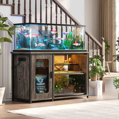 Heavy Duty 55-75 Gallon Aquarium Stand with Power Outlets, LED Light & Storage Cabinet - Reversible Metal Fish Tank Stand, 880LBS Capacity