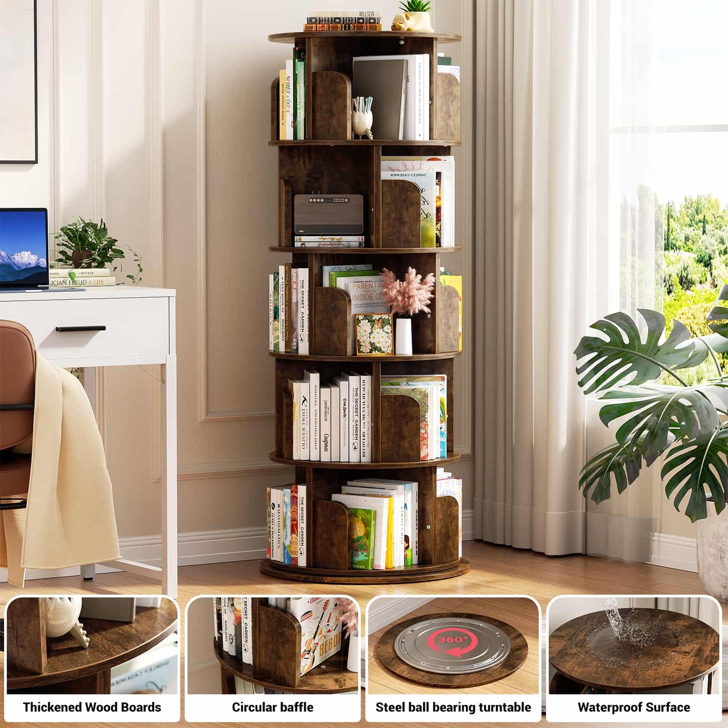 Rotating Bookshelf, 360 Display Wood Spinning Bookshelf Tower
