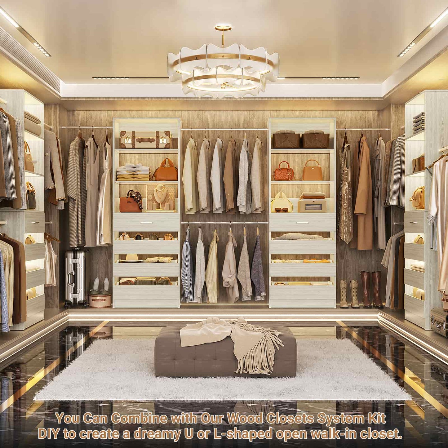 Adjustable Closet Organizer System (6-15Ft) with 8 Wooden Drawers & Modular Tower