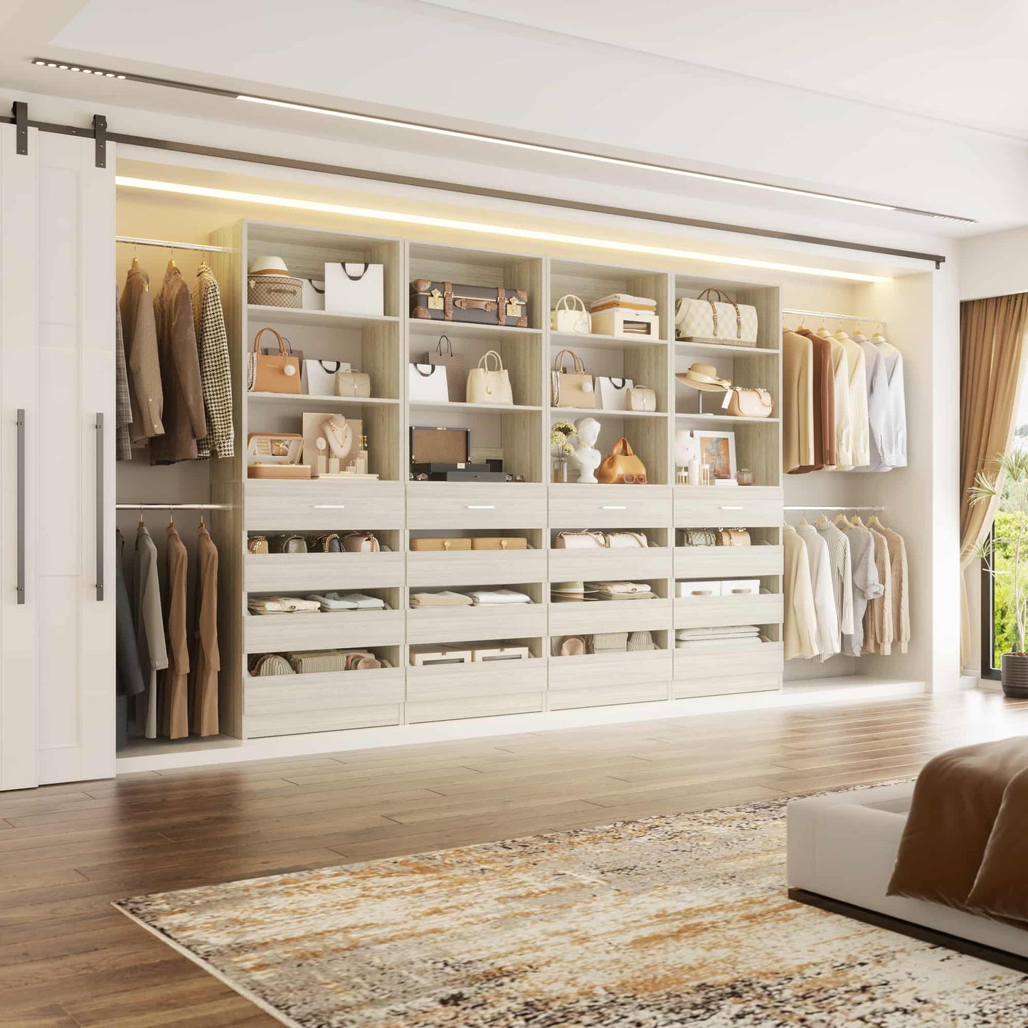 Modular Closet System 4-Pack, 12-24ft Expandable Walk-in Wardrobe Organizer with 16 Wooden Drawers & 16 Hanging Rods