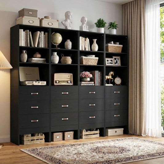96" Closet System Value 4-Pack with 12 Hanging Rods & 12 Wooden Drawers - Adjustable (5-8FT Each)