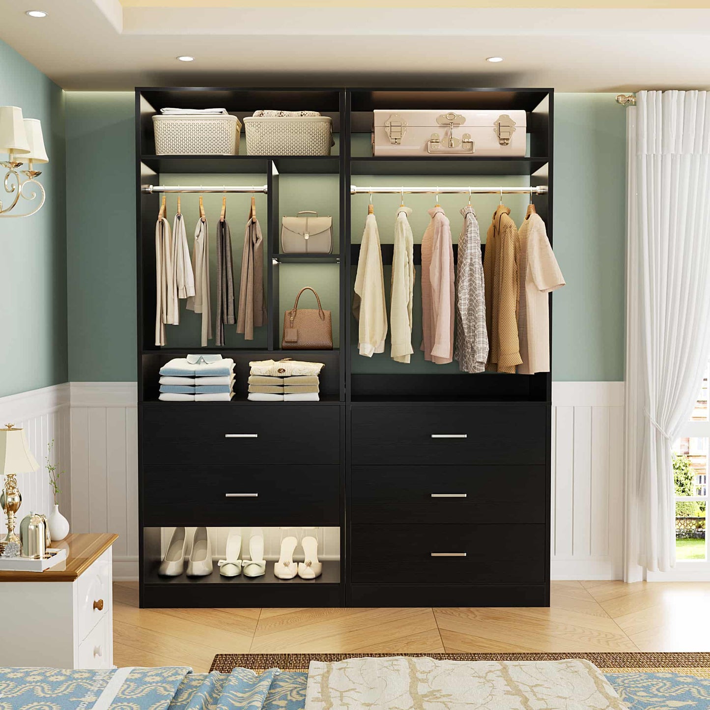 63.2" L X 39.2" W X 80" H Corner Closet System,Freestanding Closet Organizer System With 2 Drawers & 12 Shelves