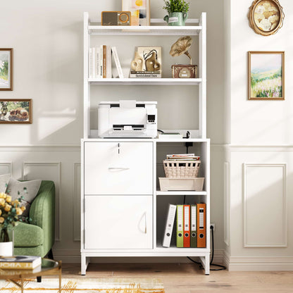 Vertical Filing Cabinet with Lock & Charging Station, Large Drawer Wood File Cabinet with Bookshelf, Printer Stand with Open Storage Shelf