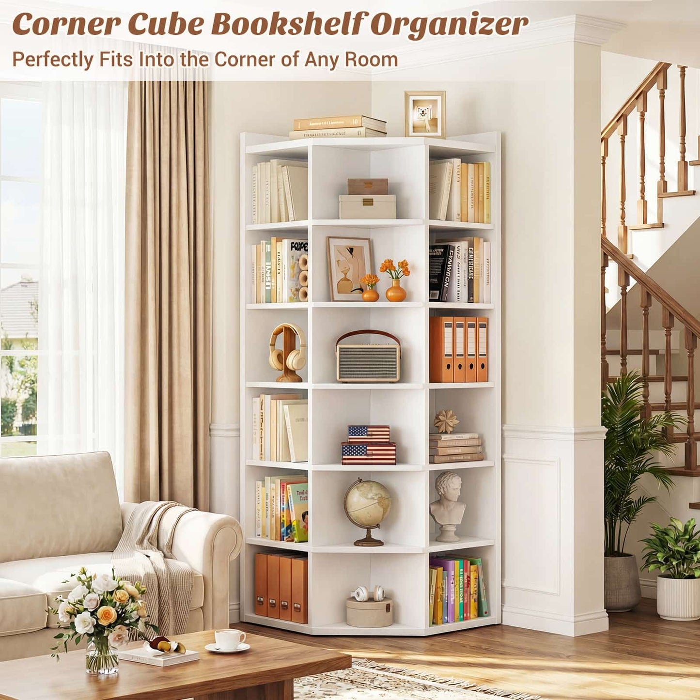 7-Tier Corner Cube Book Shelf - Wooden L-Shaped Storage Cabinet with Top Table for Small Spaces, Home Office, Bedroom, Living Room