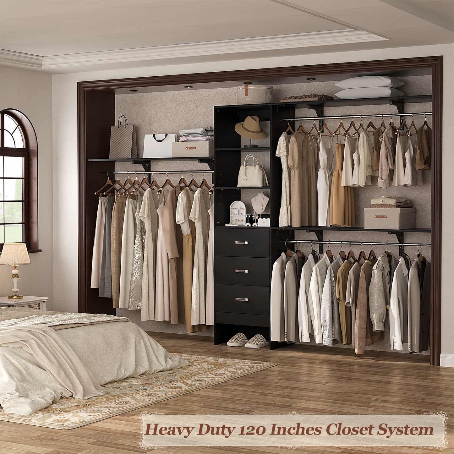 120'' W Closet System with Drawers, Closet Organizer with 3 Shelving Towers