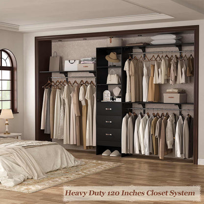 120'' W Closet System with Drawers, Closet Organizer with 3 Shelving Towers