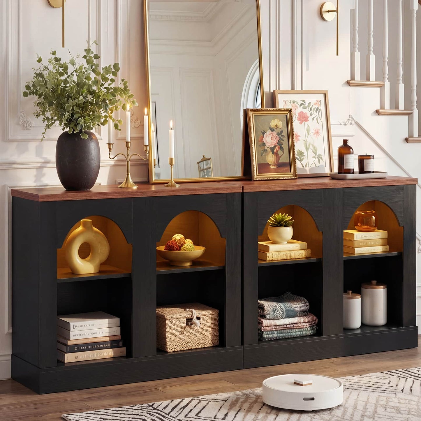 94" Natural Oak Arched Console Table with LED Lights & Adjustable Shelves - Farmhouse Sofa Table, Sideboard Buffet