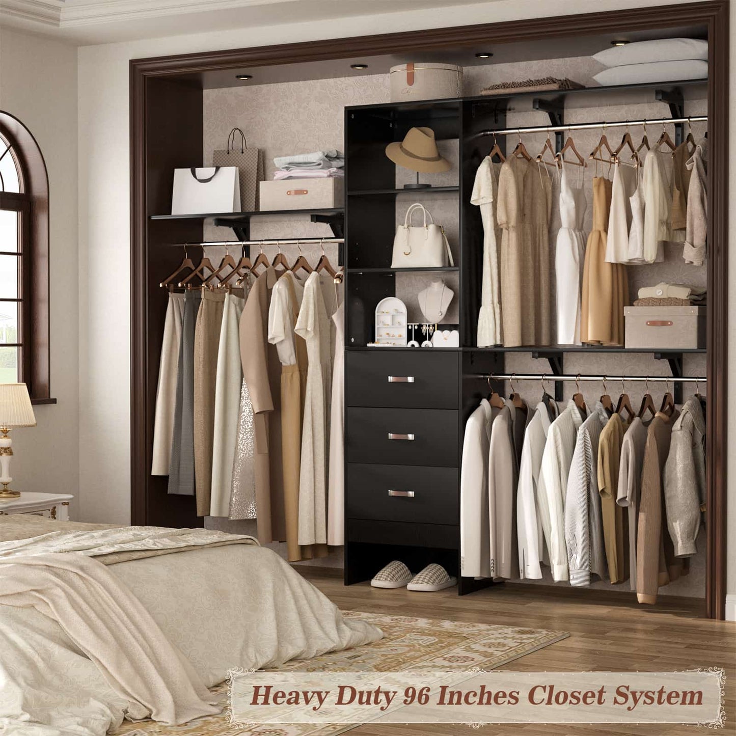 96‘’ W Closet System, Walk In Closet Organizer with 3 Shelving Towers