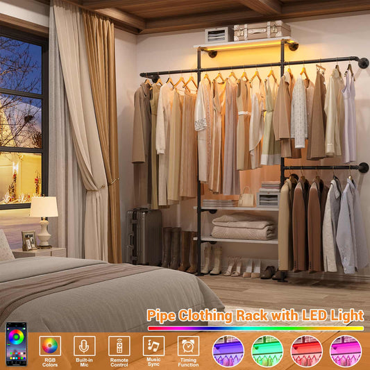 Industrial Pipe Clothing Rack, Reversible 7.25FT Wall Mounted Clothes Rack