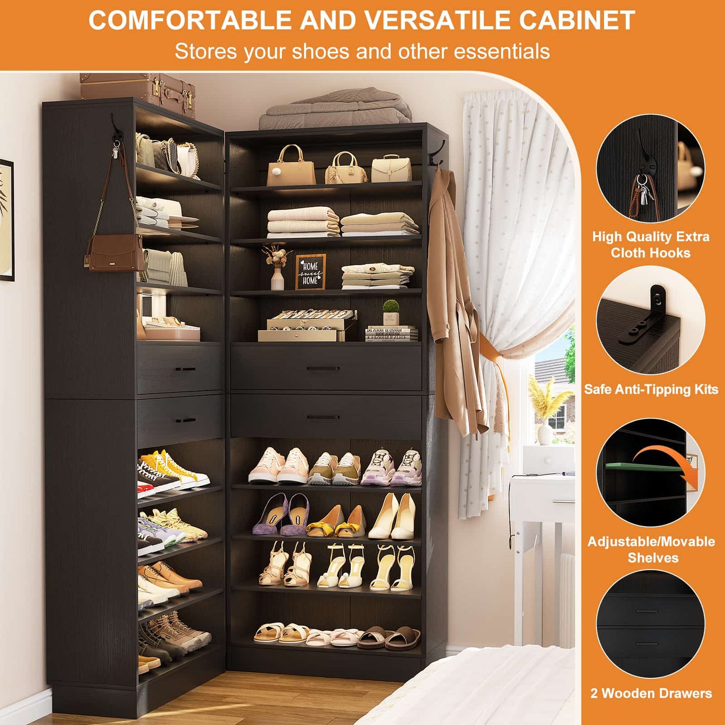 2-Pack 10-Tier Shoe Cabinet Set with 4 Drawers, 65cm Width Freestanding Organizer