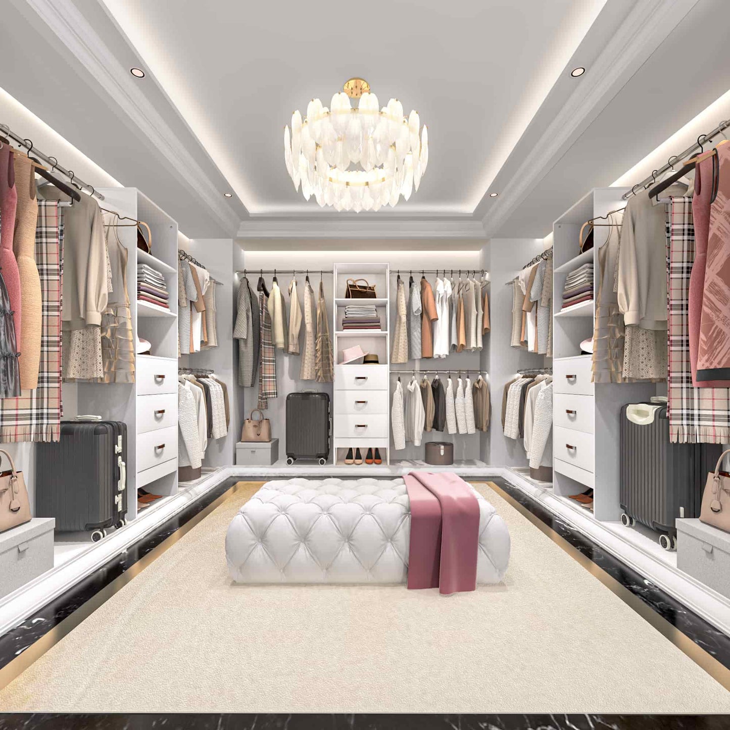 Adjustable 5-8FT Wall-Mounted Closet Organizer System with 3 Hanging Rods & 3 Wood Drawers