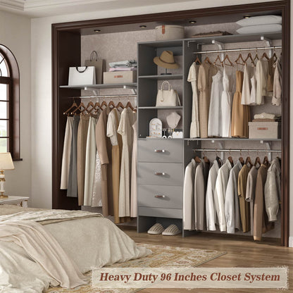 96‘’ W Closet System, Walk In Closet Organizer with 3 Shelving Towers