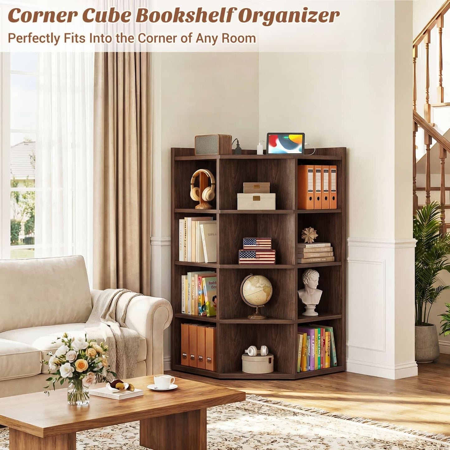 5-Tier Corner Cabinet with Power Outlets & 12 Storage Cubes - Wooden L-Shaped Bookshelf, Toy Organizer
