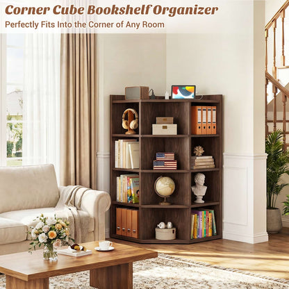 5-Tier Corner Cabinet with Power Outlets & 12 Storage Cubes - Wooden L-Shaped Bookshelf, Toy Organizer